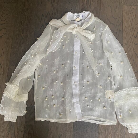 CHANEL Tops - CHANEL BOUTIQUE  PEARL TIE NECK BLOUSE